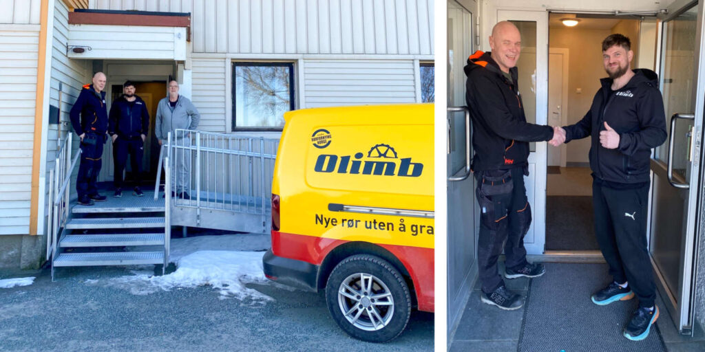 Styreleder Eirik Sørgård og vaktmester Gunnar Nygård i Harry Borthens vei 13, sammen med prosjektleder Tor Eirik Hermansen i Olimb Rørfornying