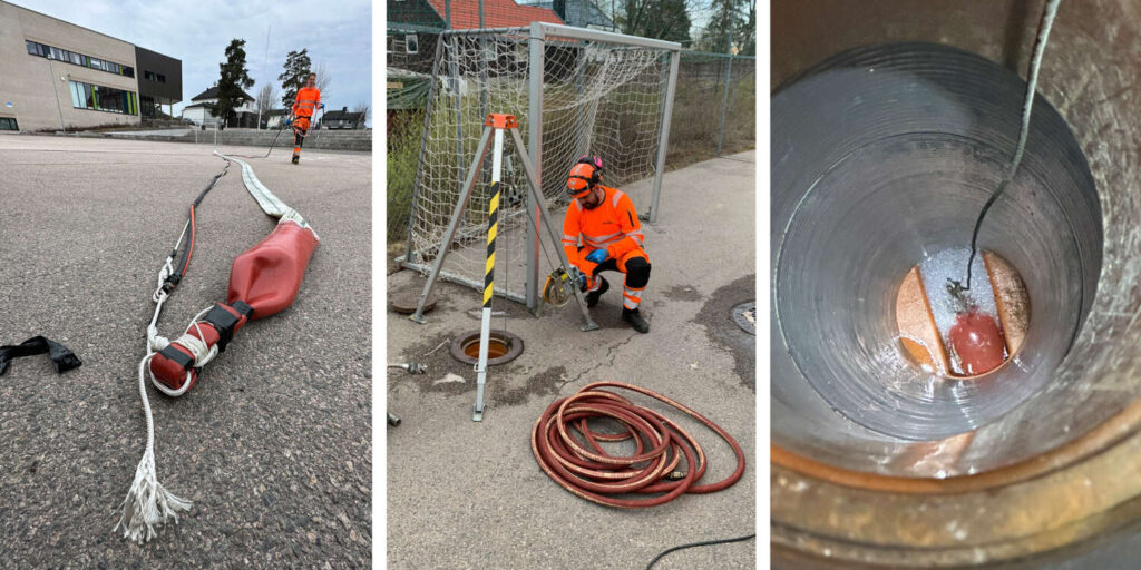 Det var fare for at røret ville kollapse fullstendig om vi kjørte trykk på strømpen. Løsningen ble å blåse opp strømpen på bakken og dra den gjennom røret med vinsj med «blind ende». Foto: Olimb Rørfornying og Lekkasjeteknikk AS