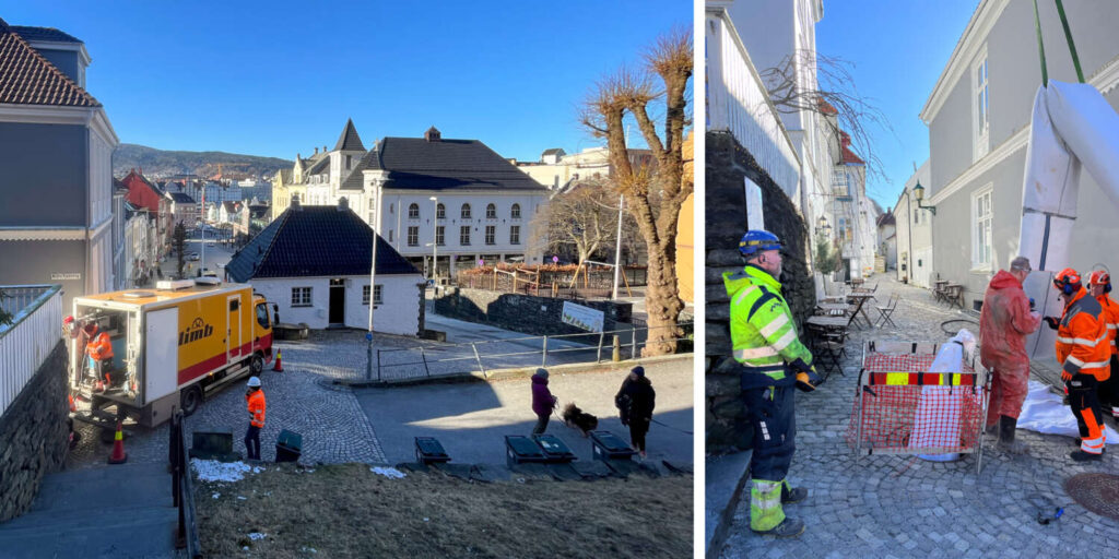 Ved Vetrlidsallmenningen er det smale smug og mye trafikk til og fra Fløibanen. Med rørfornying slapp både beboere og turister ulempene som graving ville medført.