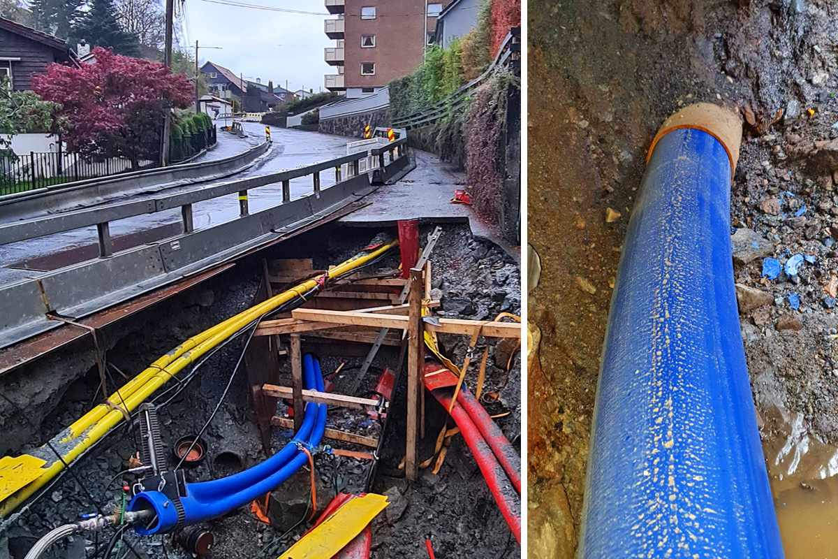 Unngikk stengt vei og trafikkomlegging: Et 210 meter langt, sammenfoldet Compact Pipe-rør ble først trukket gjennom den gamle hovedvannledningen og deretter tilsatt damp og trykk som folder ut røret tett inni eksisterende rør.