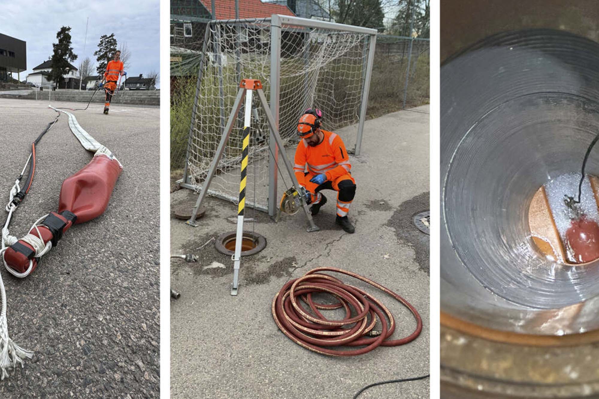 Det var fare for at røret ville kollapse fullstendig om vi kjørte trykk på strømpen. Løsningen ble å blåse opp strømpen på bakken og dra den gjennom røret med vinsj med «blind ende». Foto: Olimb Rørfornying og Lekkasjeteknikk AS